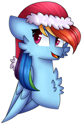 Size: 528x797 | Tagged: safe, artist:tater, rainbow dash, pegasus, pony, g4, bust, cheek fluff, chest fluff, christmas, female, floppy ears, hat, holiday, santa hat, simple background, solo, transparent background