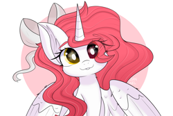 Size: 8267x5511 | Tagged: safe, artist:janelearts, oc, oc only, alicorn, pony, absurd resolution, alicorn oc, bow, bust, commission, cute, ear fluff, female, hair bow, heterochromia, horn, looking at you, mare, ocbetes, ribbon, simple background, weapons-grade cute, white background