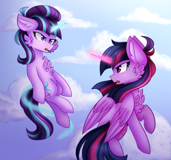 Size: 916x858 | Tagged: safe, artist:tater, starlight glimmer, twilight sparkle, alicorn, pony, unicorn, g4, the cutie re-mark, cheek fluff, chest fluff, cloud, duo, floppy ears, glowing horn, horn, levitation, magic, s5 starlight, scene interpretation, self-levitation, sky, telekinesis, twilight sparkle (alicorn)