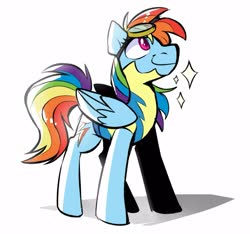 Size: 1251x1169 | Tagged: safe, artist:klhpyro, rainbow dash, pegasus, pony, g4, wonderbolts academy, clothes, female, goggles, looking up, mare, simple background, smiling, solo, sparkles, uniform, white background, wonderbolt trainee uniform