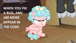 Size: 1280x720 | Tagged: safe, edit, edited screencap, screencap, cozy glow, lord tirek, pegasus, pony, g4, the summer sun setback, angry, cozy glow is best facemaker, cozy glow is not amused, cozybetes, crossed hooves, cute, faic, female, filly, frown, glare, grumpy, hooves, madorable, pouting, programming, sitting, solo focus, spread wings, text, wings