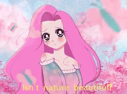 Size: 1783x1311 | Tagged: safe, artist:pinkpastelqueen, fluttershy, butterfly, human, g4, 90s anime, anime, anime style, beautiful, blushing, cute, female, flower, humanized, pretty, question, shyabetes, text