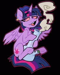 Size: 1300x1600 | Tagged: safe, artist:klhpyro, twilight sparkle, alicorn, pony, g4, beanie, black background, bong, clothes, drugs, ear piercing, female, hat, high, highlight sparkle, mare, marijuana, open mouth, piercing, simple background, solo, spread wings, stoned, stoner twilight, twilight sparkle (alicorn), vulgar description, wings
