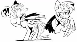 Size: 1300x710 | Tagged: safe, artist:klhpyro, rainbow dash, pegasus, pony, g4, female, mare, monochrome, raised hoof, shocked, solo, spread wings, standing, tongue out, wings