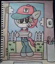 Size: 1151x1332 | Tagged: safe, artist:colt687, oc, oc:khaki-cap, clothes, delivery colt, delivery pony, fence, food, house, peter pizza, pizza, pizza box, pizza time, sky, traditional art