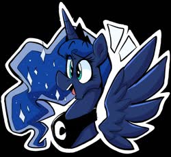 Size: 1260x1158 | Tagged: safe, artist:klhpyro, princess luna, alicorn, pony, g4, black background, cute, female, flowing mane, jewelry, mare, open mouth, peytral, regalia, simple background, solo, spread wings, tiara, wings