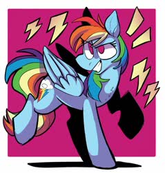 Size: 1117x1166 | Tagged: safe, artist:klhpyro, rainbow dash, pegasus, pony, g4, action pose, backwards cutie mark, female, grin, lightning, looking at you, mare, smiling, solo, symbol