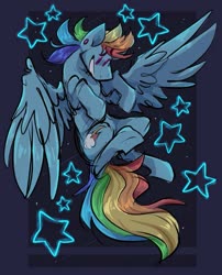 Size: 829x1024 | Tagged: safe, artist:klhpyro, rainbow dash, pegasus, pony, g4, ear piercing, female, flying, grin, looking down, mare, night, piercing, smiling, solo, spread wings, stars, wings