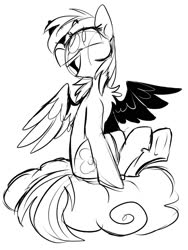 Size: 1278x1700 | Tagged: safe, artist:klhpyro, rainbow dash, pegasus, pony, g4, chest fluff, cloud, female, mare, monochrome, on a cloud, open mouth, sitting, sitting on a cloud, sketch, smiling, solo, spread wings, wings