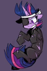 Size: 872x1324 | Tagged: safe, artist:klhpyro, twilight sparkle, pony, unicorn, it's about time, angry, catsuit, clothes, eyepatch, female, future twilight, gritted teeth, headband, looking down, mare, simple background, solo, torn clothes, unicorn twilight