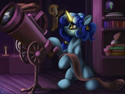 Size: 2560x1920 | Tagged: safe, oc, oc only, oc:starley orlin, pony, unicorn, astronomy, book, bookshelf, candle, cute, globe, inkwell, magic, male, quill, scroll, solo, telescope