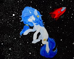 Size: 3742x2983 | Tagged: safe, oc, oc only, oc:starley orlin, pony, unicorn, black background, floating, high res, night sky, ship, simple background, sleeping, solo, space, stars, zero gravity