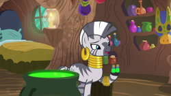 Size: 1920x1080 | Tagged: safe, screencap, zecora, pony, zebra, g4, she talks to angel, bed, bottle, candle, cauldron, ear piercing, earring, female, jewelry, leg rings, mare, neck rings, piercing, solo, zecora's hut