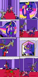 Size: 1600x3200 | Tagged: safe, artist:eternaljonathan, discord, oc, oc:prince hunk, oc:princess universe, alicorn, draconequus, pony, comic:super party fusion, g4, alicorn oc, alicorn princess, butt, canterlot, canterlot castle, comic, commissioner:bigonionbean, cutie mark, dialogue, female, floating, fusion, fusion:prince hunk, fusion:princess cadance, fusion:princess celestia, fusion:twilight sparkle, horn, jewelry, jiggle, large butt, male, mare, plot, reading, regalia, squee, squeezing, stallion, stretching, teasing, the ass was fat, trotting, wide hips, writer:bigonionbean