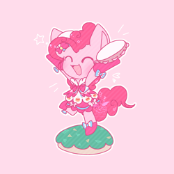 Size: 768x768 | Tagged: safe, artist:jisuppe, pinkie pie, pony, g4, bipedal, chibi, clothes, cute, diapinkes, dignified wear, dress, female, gala dress, musical instrument, nya, solo, tambourine
