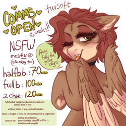 Size: 2300x2300 | Tagged: safe, artist:twisoft, oc, oc only, oc:qwerrtit, pegasus, pony, advertisement, blushing, commission, commission info, commissions open, ear fluff, female, high res, illustration, open mouth, pose, solo, tongue out, underhoof
