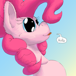 Size: 1584x1584 | Tagged: safe, artist:firefanatic, pinkie pie, g4, :3, big ears, cute, long neck, mlem, silly, smiling, speech bubble, tongue out
