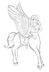 Size: 2117x3109 | Tagged: safe, artist:aerodynamict, derpibooru exclusive, pinkie pie, oc, oc:beau spark, centaur, g1, g4, alitaur, bangle, belly button, bracelet, clothes, commission, female, hair over one eye, hairclip, high res, horn, jewelry, lineart, long hair, older, one shoulder, pegasus wings, saddle, shirt, simple background, smiling, t-shirt, tack, teenager, unicorn horn, unshorn fetlocks, wings, wings raised, wip