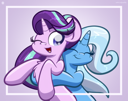 Size: 3250x2560 | Tagged: dead source, safe, artist:php142, starlight glimmer, trixie, pony, unicorn, g4, chest fluff, commission, duo, duo female, eyes closed, female, happy, high res, hug, lesbian, mare, one eye closed, ship:startrix, shipping, simple background, smiling