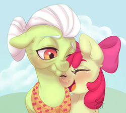 Size: 2232x2000 | Tagged: safe, artist:sannykat, apple bloom, granny smith, earth pony, pony, g4, adorabloom, blushing, cute, duo, eyes closed, female, filly, grandmother and grandchild, grandmother and granddaughter, high res, mare, one eye closed, snuggling