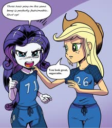 Size: 1068x1224 | Tagged: safe, artist:pencils, edit, idw, applejack, rarity, equestria girls, g4, spoiler:comic, spoiler:comicequestriagirlsmarchradness, angry, clothes, duo, hand on shoulder
