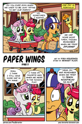 Size: 1519x2306 | Tagged: safe, artist:pony-berserker, apple bloom, carrot top, golden harvest, scootaloo, sweetie belle, earth pony, pegasus, pony, unicorn, comic:paper wings, g4, comic, cute, cutie mark crusaders, helmet, scooting, shrunken pupils