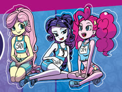 Size: 1244x946 | Tagged: safe, artist:pencils, idw, fluttershy, pinkie pie, rarity, equestria girls, g4, spoiler:comic, spoiler:comicequestriagirlsmarchradness, abstract background, belly button, clothes, cropped, midriff, pi, sexy, shoes, shorts, sleeveless, sneakers, sports shorts