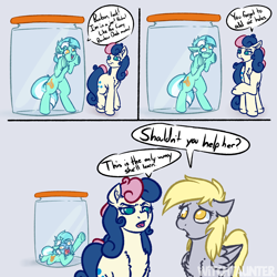Size: 4000x4000 | Tagged: safe, artist:witchtaunter, bon bon, derpy hooves, lyra heartstrings, sweetie drops, earth pony, pegasus, pony, unicorn, g4, asphyxiation, comic, female, jar, l.u.l.s., lewd container meme, mare, no pupils, pony in a bottle, suffocating, this will end in death, worried