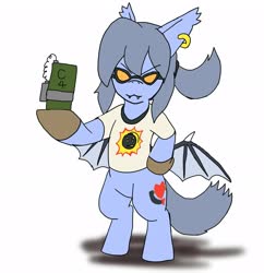 Size: 1979x2048 | Tagged: safe, artist:omegapony16, oc, oc:oriponi, bat pony, pony, bat pony oc, bat wings, bipedal, c4, clothes, cosplay, costume, ear piercing, earring, fangs, female, glasses, gloves, hoof hold, jewelry, mare, piercing, serious sam, shirt, solo, spread wings, t-shirt, wings