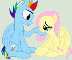 Size: 2048x1722 | Tagged: safe, artist:thetechnocat, edit, fluttershy, rainbow dash, pegasus, pony, g4, base used, female, gray background, half r63 shipping, looking at each other, looking at someone, male, mare, rainbow blitz, rule 63, ship:flutterblitz, ship:flutterdash, shipping, simple background, sitting, straight