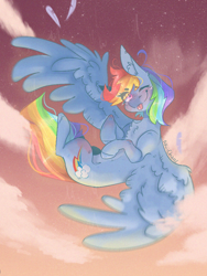 Size: 768x1024 | Tagged: safe, artist:akiiichaos, rainbow dash, pegasus, pony, g4, backwards cutie mark, chest fluff, cloud, cute, dashabetes, feather, female, flying, mare, one eye closed, sky, smiling, solo, stars, tongue out, wink
