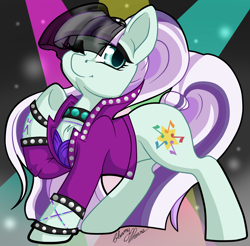 Size: 2256x2217 | Tagged: safe, artist:gleamydreams, coloratura, earth pony, pony, g4, bracelet, choker, clothes, countess coloratura, eyeshadow, female, high res, jacket, jewelry, looking at you, makeup, mare, necklace, ponytail, smiling, solo, veil