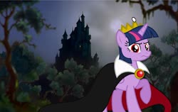 Size: 1280x809 | Tagged: safe, artist:disneymarvel96, artist:estories, edit, vector edit, twilight sparkle, alicorn, pony, g4, angry, brooch, cape, castle, clothes, crown, disney, evil queen, evil twilight, female, jewelry, moon, night, red eyes, regalia, snow white and the seven dwarfs, solo, twilight sparkle (alicorn), vector