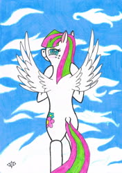 Size: 1590x2263 | Tagged: safe, artist:assertiveshypony, blossomforth, pegasus, pony, g4, cloud, cloudy, drawing, looking at you, standing, traditional art