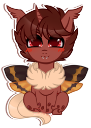 Size: 1133x1581 | Tagged: safe, artist:nekomellow, oc, oc only, oc:red flux, changeling, blushing, butterfly wings, changeling oc, chibi, eye clipping through hair, eyebrows, eyebrows visible through hair, looking at you, male, signature, simple background, sitting, smiling, smiling at you, solo, spread wings, transparent background, wings
