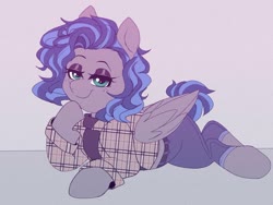 Size: 1146x861 | Tagged: safe, artist:littlebibbo, oc, oc only, oc:bibbo, pegasus, pony, 80s, clothes, female, freckles, lidded eyes, looking at you, lying down, mare, pants, plaid shirt, raised hoof, shirt, smiling, solo, unmoving plaid
