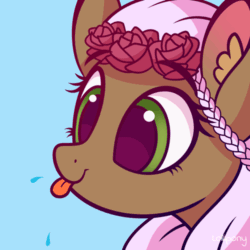 Size: 500x500 | Tagged: safe, artist:lollipony, part of a set, oc, oc only, oc:rosalie, pegasus, pony, g4, adorable face, animated, commission, cute, female, flower, flower in hair, gif, mare, pegasus oc, raspberry, raspberry noise, rose, solo, tongue out, wings, ych result