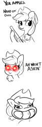 Size: 2250x6750 | Tagged: safe, artist:tjpones edits, edit, applejack, earth pony, pony, g4, apple, applejack's hat, comic, cowboy hat, dialogue, female, food, freckles, glowing eyes, good end, gun, hat, mare, simple background, solo, that pony sure does love apples, threatening, weapon, white background