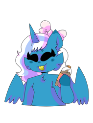 Size: 266x350 | Tagged: safe, artist:lavenderthekat, oc, oc only, oc:fleurbelle, alicorn, pony, alicorn oc, bow, cheek fluff, chest fluff, ear fluff, eyes closed, female, hair bow, holding hooves, horn, mare, simple background, soda, soda bottle, solo, tongue out, transparent background
