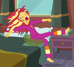 Size: 682x614 | Tagged: safe, artist:thedarkpony, edit, edited screencap, screencap, sunset shimmer, equestria girls, g4, monday blues, my little pony equestria girls: summertime shorts, clothes, cropped, fart, fart cloud, fart edit, feet, female, pajamas, sitting, stretching