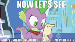 Size: 1161x652 | Tagged: safe, edit, edited screencap, editor:undeadponysoldier, screencap, spike, dragon, friendship is magic, g4, canterlot, caption, hub logo, image macro, implied shipping, list, listing, male, meme, paper, quill, scroll, solo, spike gets all the colts, spike gets all the entities, spike gets all the fillies, spike gets all the mares, spike gets all the stallions, text, twilight's canterlot home, writing