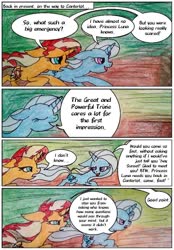 Size: 722x1040 | Tagged: safe, artist:mysteriousshine, sunset shimmer, trixie, pony, unicorn, comic:the children of the night, g4, comic, dialogue, eyes closed, female, mare, running, traditional art