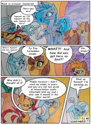 Size: 1434x1986 | Tagged: safe, artist:mysteriousshine, princess luna, sunset shimmer, trixie, alicorn, earth pony, pegasus, pony, unicorn, comic:the children of the night, g4, comic, dialogue, ethereal mane, female, mare, starry mane, traditional art
