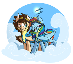 Size: 2556x2214 | Tagged: safe, artist:modularpon, rainbow dash, oc, oc:skittle, pegasus, pony, g4, canon x oc, clothes, cloud, commission, female, high res, male, on a cloud, shipping, simple background, skidash, smiling, standing on a cloud, straight, transparent background, uniform, wonderbolts uniform