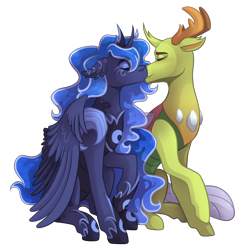 Size: 3500x3500 | Tagged: safe, artist:monnarcha, princess luna, thorax, alicorn, changedling, changeling, pony, g4, eyes closed, female, high res, king thorax, kissing, male, mare, ship:thuna, shipping, simple background, sitting, straight, transparent background