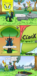 Size: 2000x4072 | Tagged: safe, artist:tsitra360, pharynx, queen chrysalis, thorax, changedling, changeling, insect, ladybug, pony, g4, abuse, changedling brothers, chrysabuse, comic, dialogue, female, giant changeling, giant pony, giant/tiny, king thorax, macro, macro/micro, male, micro, not so smart changeling, prince pharynx, scenery, size difference, speech bubble, stepped on, stepping on something, tiny, tiny changeling, tiny ponies, underhoof
