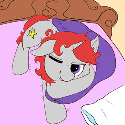 Size: 3000x3000 | Tagged: safe, artist:mitchthemage, oc, oc:swirly spark, pony, unicorn, bed, bedroom eyes, female, high res, lying down, mare, solo, waking up