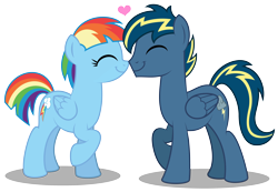 Size: 4216x2919 | Tagged: safe, artist:aleximusprime, rainbow dash, oc, oc:thunderhead, pegasus, pony, flurry heart's story, g4, alternate hairstyle, canon x oc, couple, cute, eyes closed, female, floating heart, heart, husband and wife, love, male, mare, married, nose rub, nuzzling, older, pegasus oc, shipping, simple background, smiling, stallion, straight, transparent background, wings