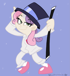 Size: 733x800 | Tagged: safe, artist:mirabuncupcakes15, sweetie belle, human, g4, growing up is hard to do, bedroom eyes, blue background, cane, clothes, dancing, female, hat, horn, horned humanization, humanized, older, older sweetie belle, pants, shoes, simple background, socks, solo, suit, top hat