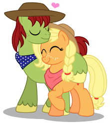 Size: 3033x3438 | Tagged: safe, artist:aleximusprime, applejack, tex, earth pony, pony, flurry heart's story, g1, g4, applebetes, bandana, clothes, couple, cute, eyes closed, female, floating heart, freckles, g1 to g4, generation leap, hat, heart, high res, hoof around neck, husband and wife, in love, jackabetes, male, mare, married, neckerchief, nuzzling, scarf, ship:texjack, shipping, simple background, smiling, stallion, straight, transparent background